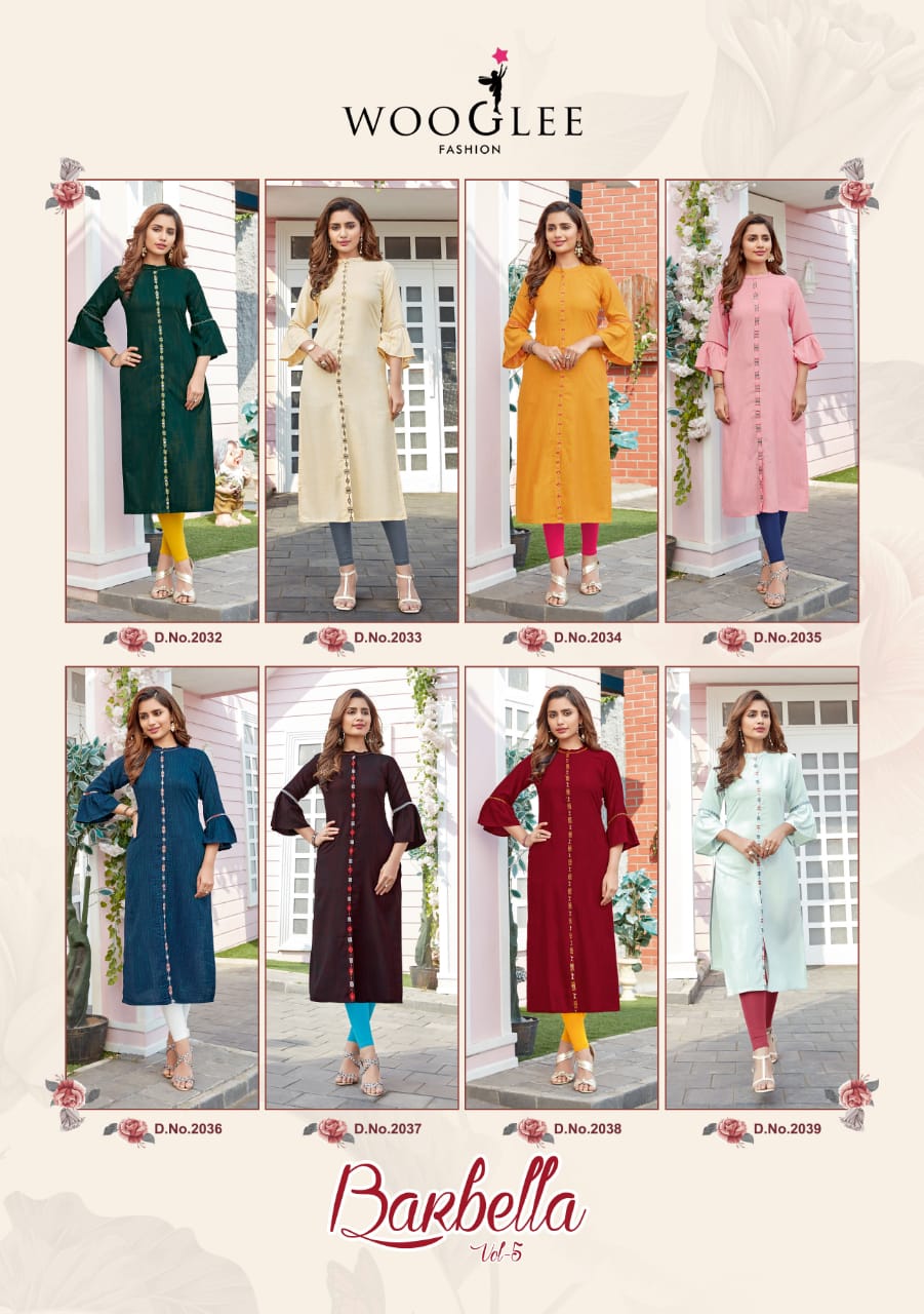 Wooglee Barbella 5 latest fancy Festive Wear Rayon Viscose Designer Kurtis Collection